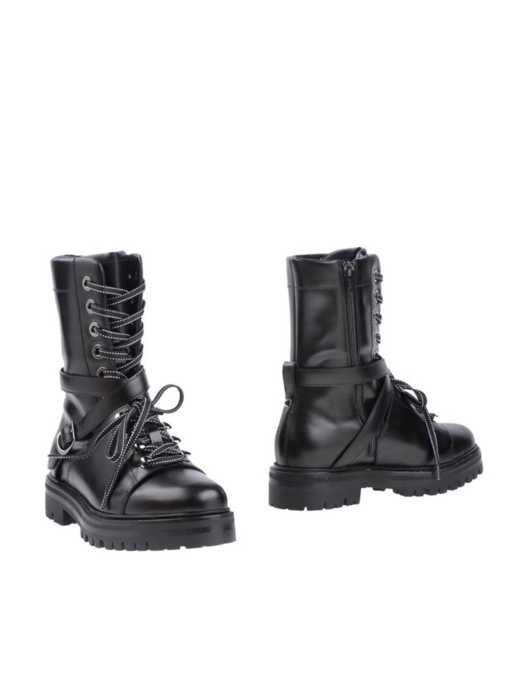Valentino Garavani Black Leather Lace-Up Combat Boots Buckle Strap Size 38.5